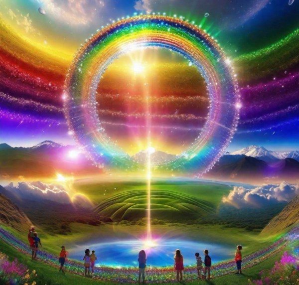 Beautiful full circle shimmery rainbow spans Earth’s sky with bright rainbow streams coursing through and human family in a valley below surrounded by protective mountains as they gather around a clear crisp blue circle lake in celebration of Earth’s ascension to 5D!